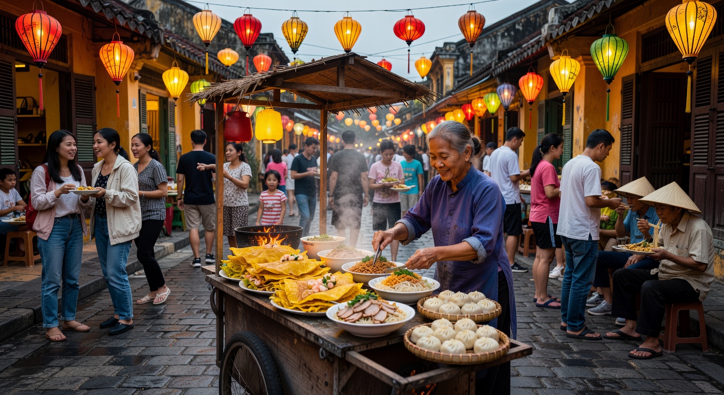 Cao lau noodles and white rose dumplings at a Hoi An street food stall